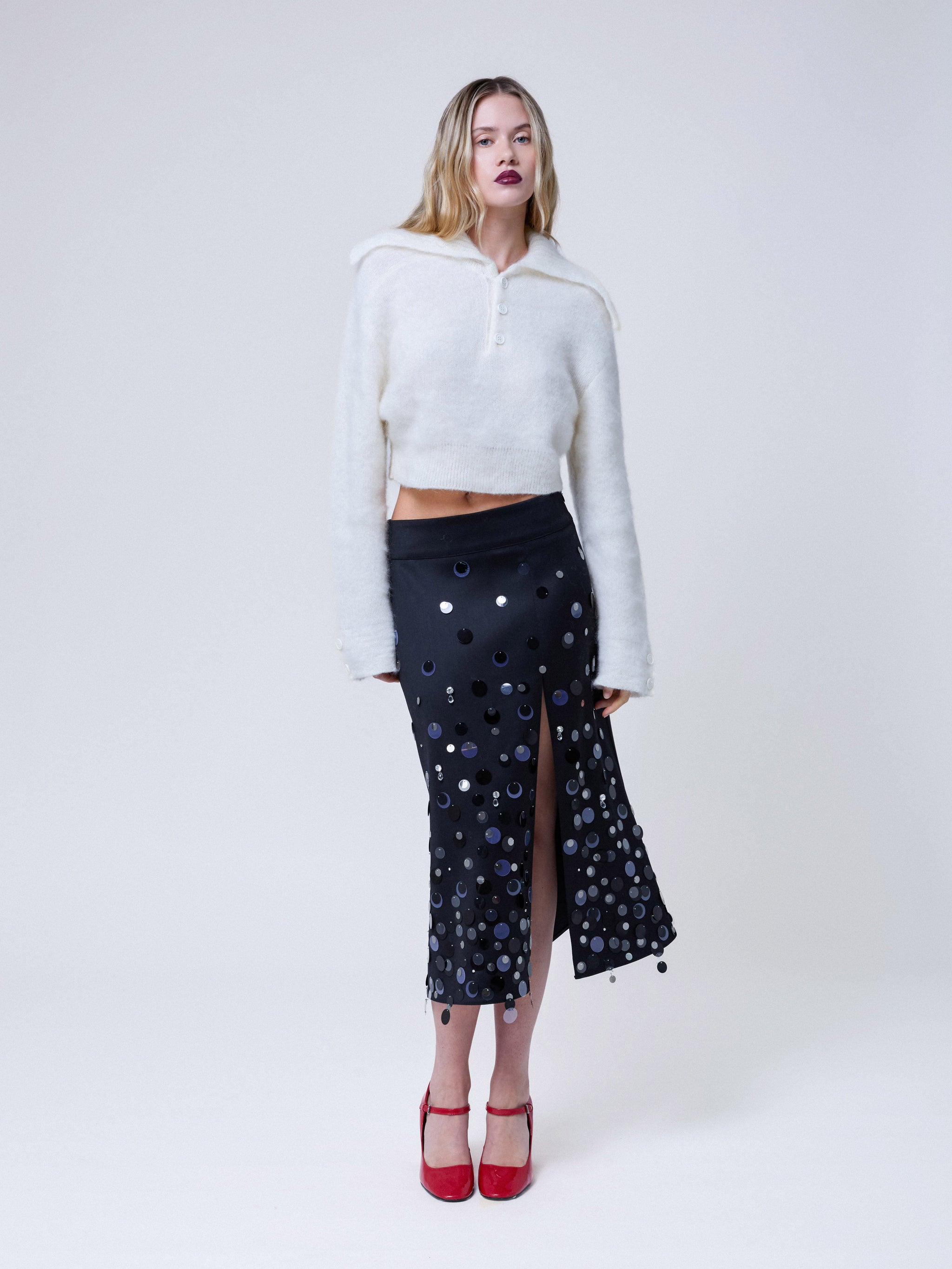 Gonna midi Julia in onice nero – Paillettes ricamate a mano