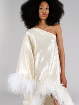 Nina One-Shoulder-Kleid in Champagner-Schimmer – mit Feder- und Paillettendetails