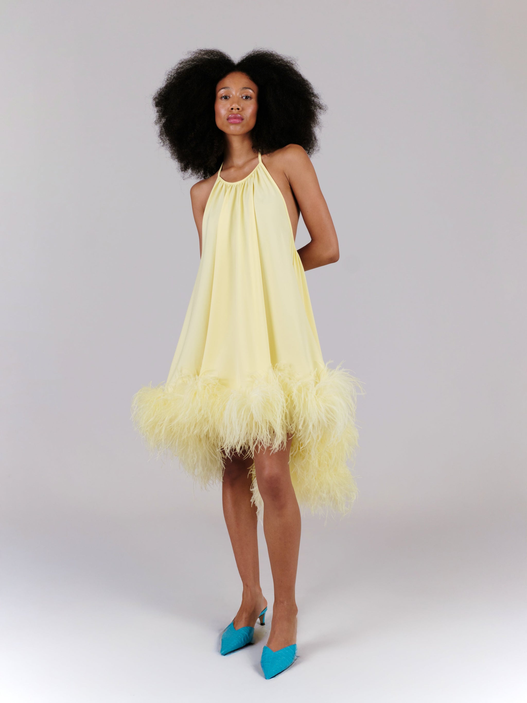 Georgia Neckholderkleid in Kamille – Rock mit Federbesatz