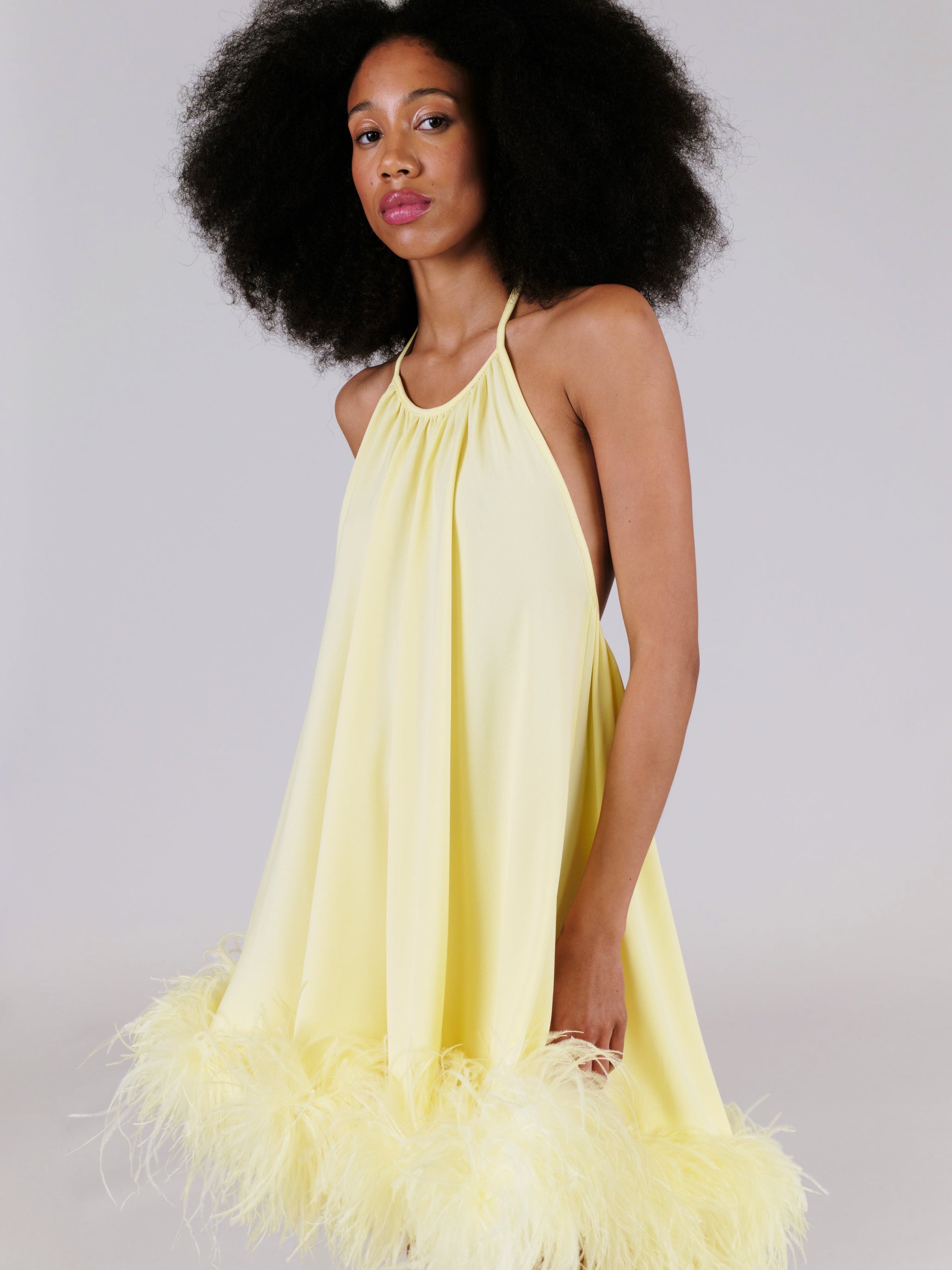 Georgia Neckholderkleid in Kamille – Rock mit Federbesatz