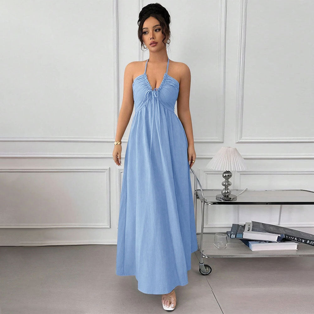 Sommerblaues Neckholder-Kleid rückenfrei zum Schnüren an der Taille figurbetonend für den Strand