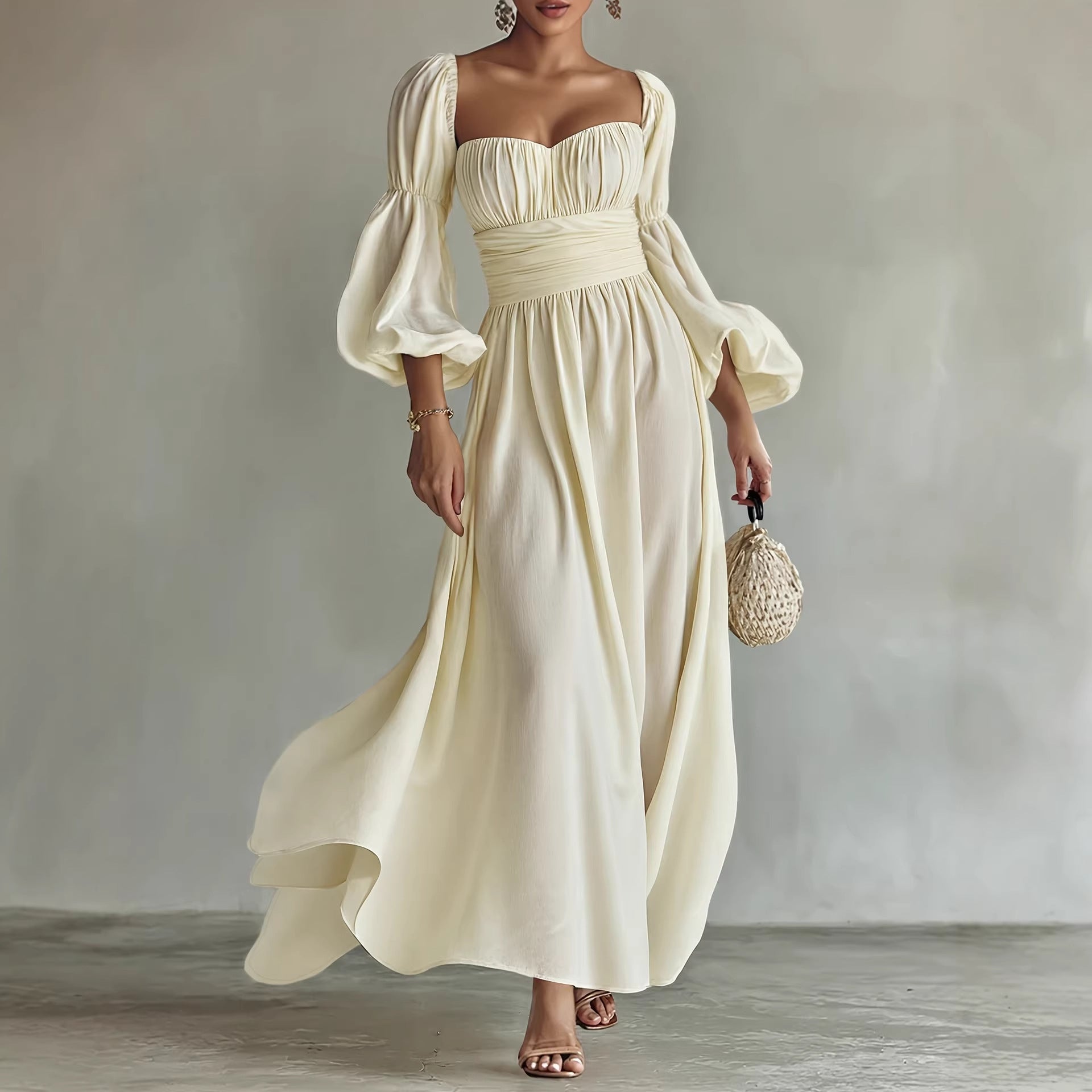 Women Clothing Palace Artistic Retro French Formal Dress Puff Sleeve