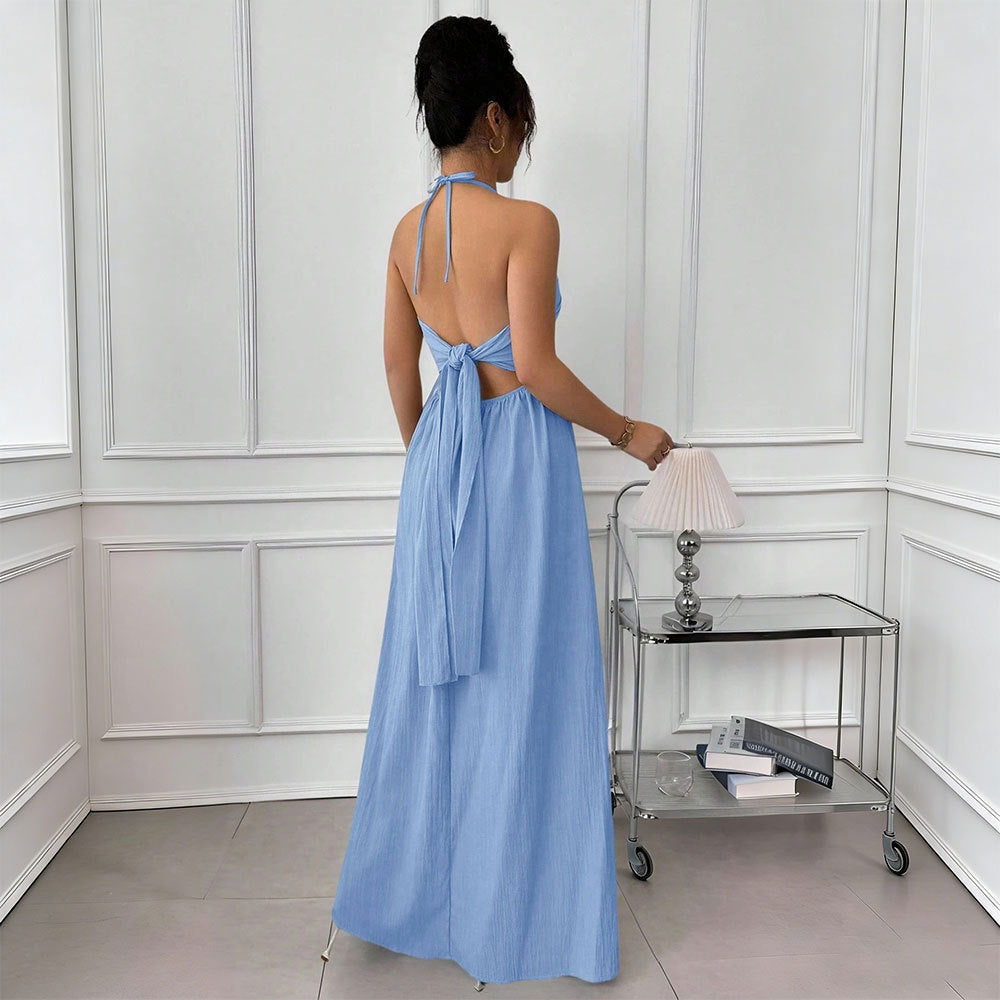 Sommerblaues Neckholder-Kleid rückenfrei zum Schnüren an der Taille figurbetonend für den Strand