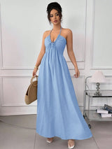 Sommerblaues Neckholder-Kleid rückenfrei zum Schnüren an der Taille figurbetonend für den Strand