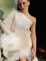 Nina One-Shoulder-Kleid in Champagner-Schimmer – mit Feder- und Paillettendetails