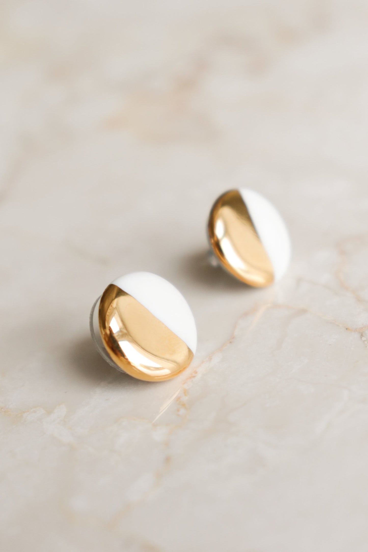 Porcelain Round Stud Earrings - White and Gold